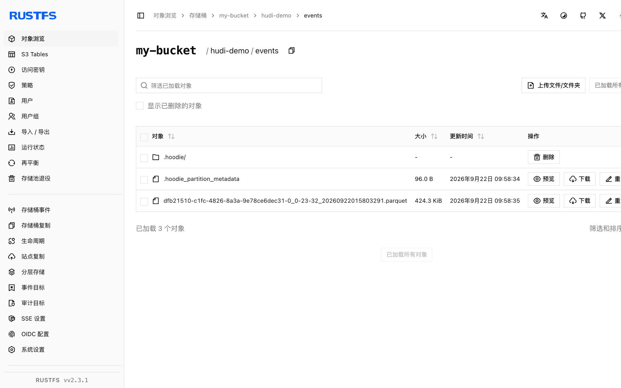 RustFS 控制台中存储的 Hudi 表文件